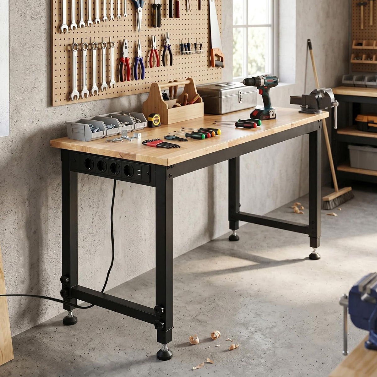 COSTWAY Banco de Trabajo con Estación de Carga, 122 x 51cm, Mesa Trabajo Taller con Altura Ajustable en 6 Niveles, Encimera de Madera Caucho, Marco Metálico, Estación Bricolaje, Carga 900 kg