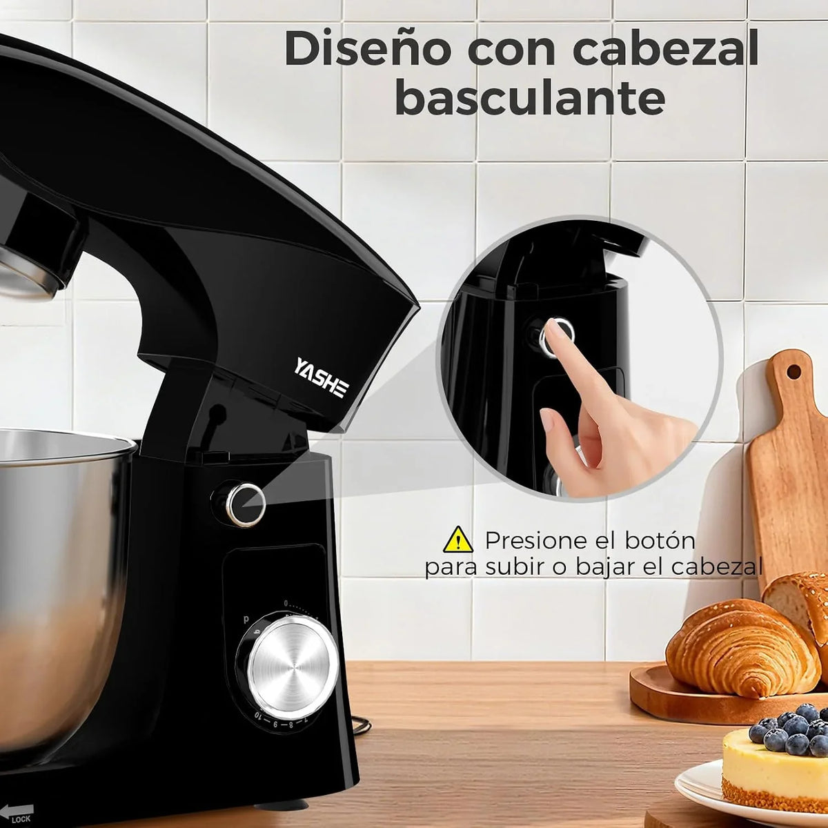 YASHE Batidora Amasadora 1500W, 4,5 + 5L Doble Bol de Acero Inoxidable, 10+P Velocidades, Movimiento Planetario, Cabezal Inclinable, Gancho para Masa, Batidor y Varillas