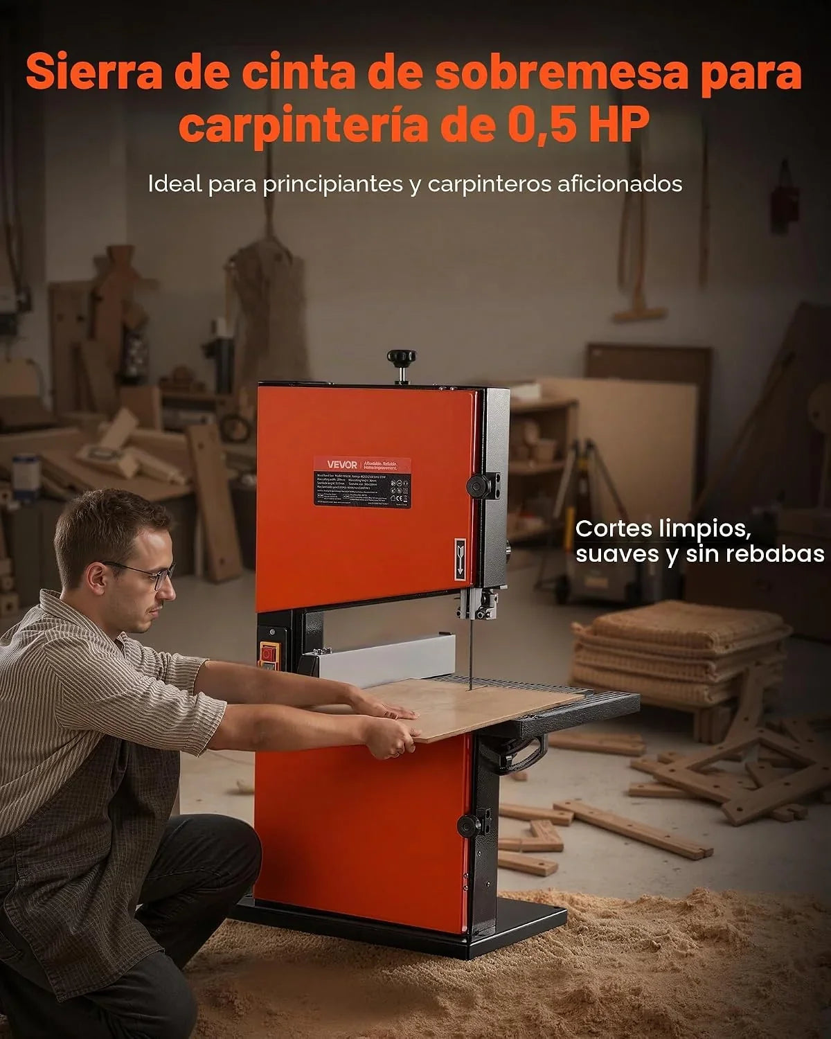 VEVOR Sierra de Cinta para Madera con Motor de 373 W, Altura de Corte de 90 mm, Ancho de Corte de 229 mm, Mesa de Aluminio Fundido de 300 x 300 mm, con Luz de Trabajo de 360°, para Carpintería