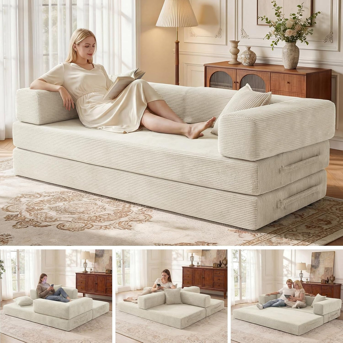 200 cm 3 Seater Sofa Bed with Foam & Springs for Living Room, White