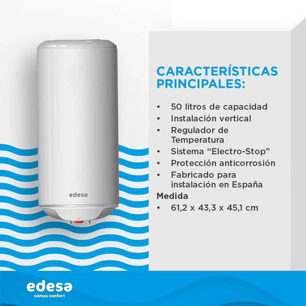 Edesa, One - Vertical Electric Water Heater, 50 Litres, External Regulation and Vitrified Cuba, 43.3 x 61.1 x 45.2 cm – Made for Installation in Spain (Energy Class C)
