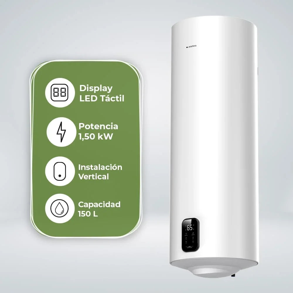 Aspes Electric Thermo 150 Litres, AT15000DW. 1500W, Mounting Kit Included, Enameled Steel Resistor, Digital Thermostat, Max Temperature 93º, White, Energy Efficiency Class C