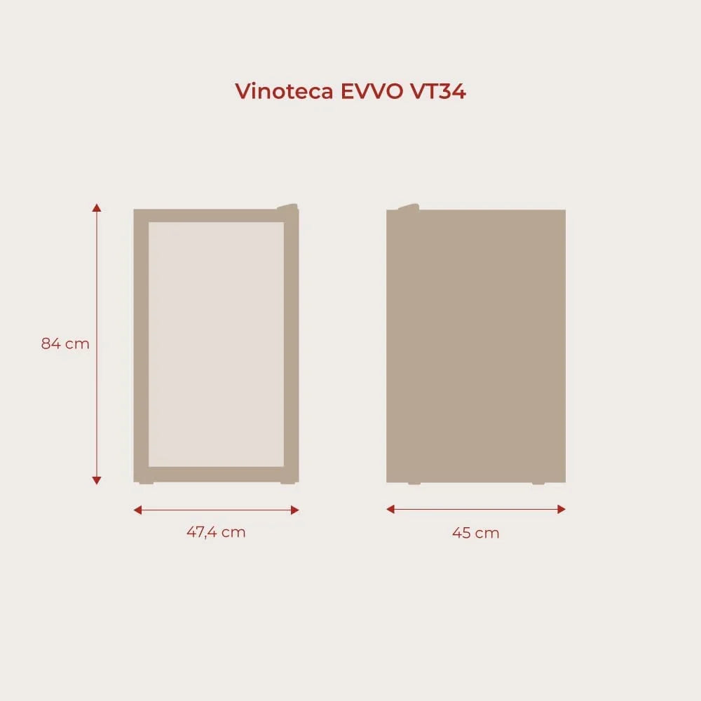 EVVO VT34 Vinoteca 34 botellas, enfriador de vino con compresor, 5-18ºC, panel táctil, silenciosa, display digital, LED interior, botellero vino y mini nevera vinoteca