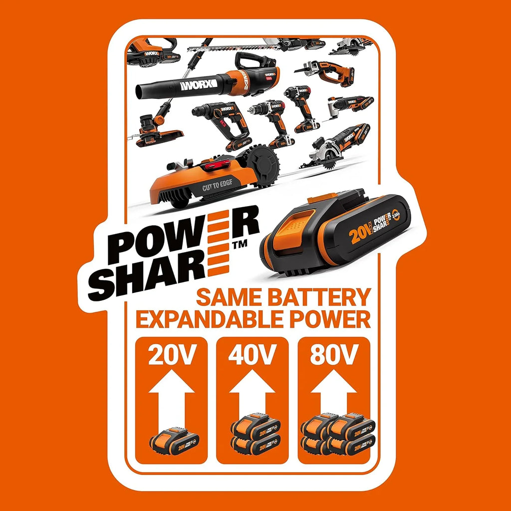 WORX WG894E Serrucho multifunción 20V-2Ah, 1 batería y cargador incluido, para madera, plástico y ramas, compacto y ligero, incluye sierras anclaje universal para sierra de calar