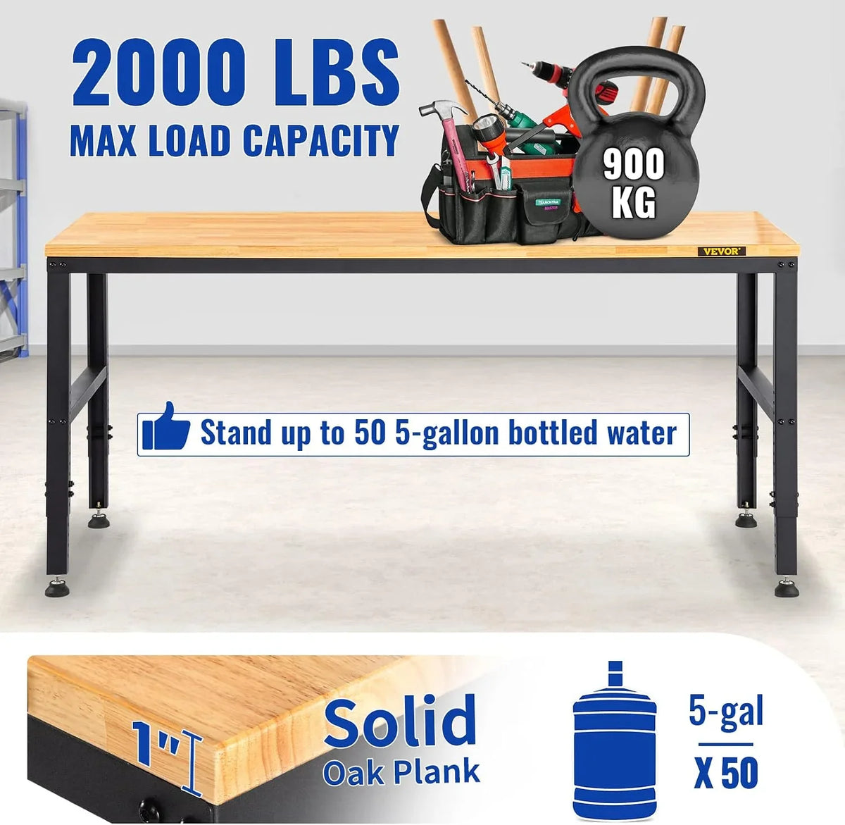 VEVOR Banco de Trabajo 1220x508 mm Mesa de Taller Altura Ajustable 719-968 mm Carga de 900kg con Toma de Corriente Mesa de Madera Marco de Metal Almohadillas para los Pies para Oficina, Garaje