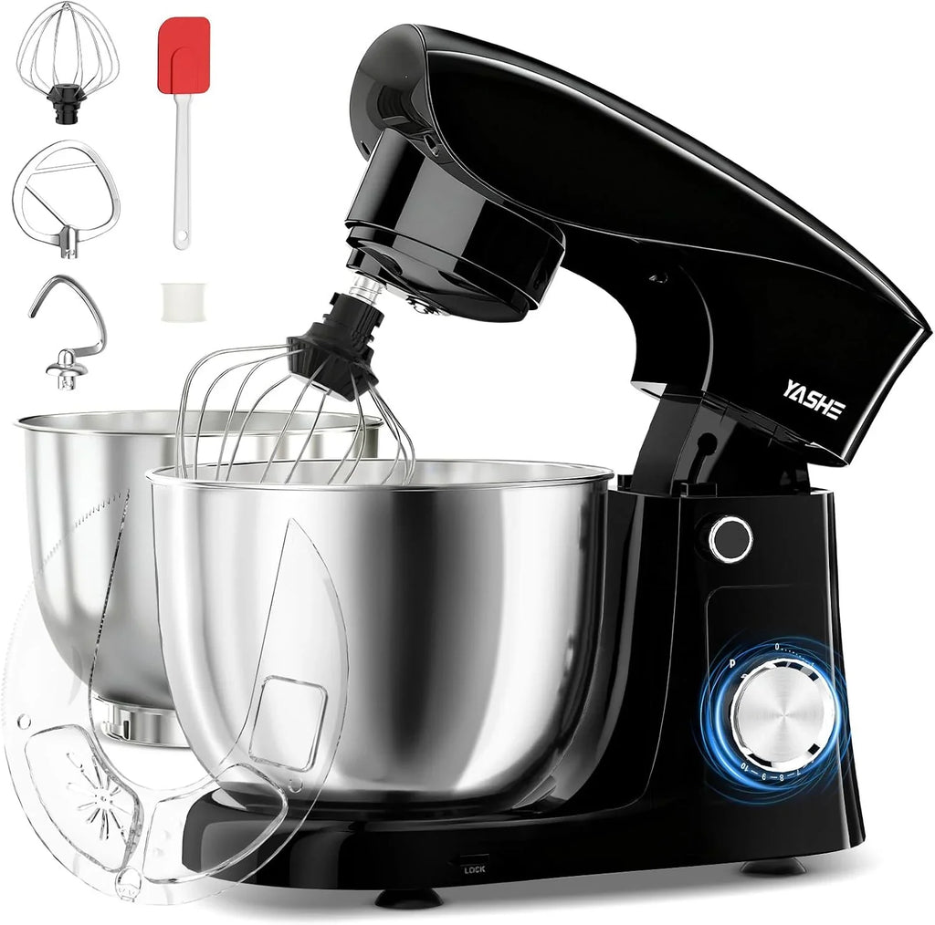 YASHE Batidora Amasadora 1500W, 4,5 + 5L Doble Bol de Acero Inoxidable, 10+P Velocidades, Movimiento Planetario, Cabezal Inclinable, Gancho para Masa, Batidor y Varillas