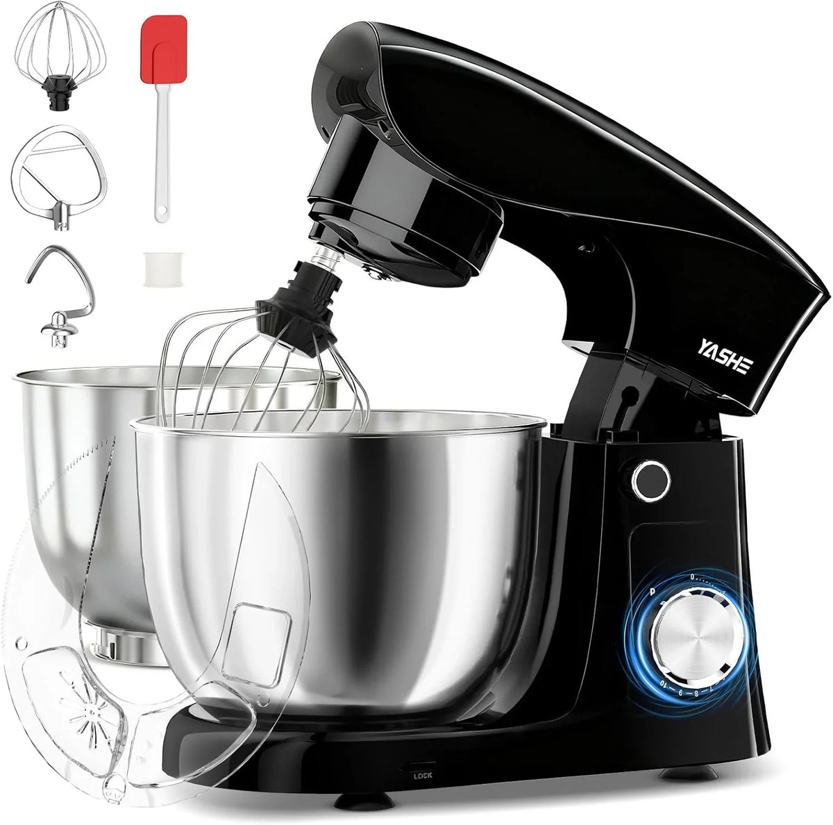 YASHE Batidora Amasadora 1500W, 4,5 + 5L Doble Bol de Acero Inoxidable, 10+P Velocidades, Movimiento Planetario, Cabezal Inclinable, Gancho para Masa, Batidor y Varillas