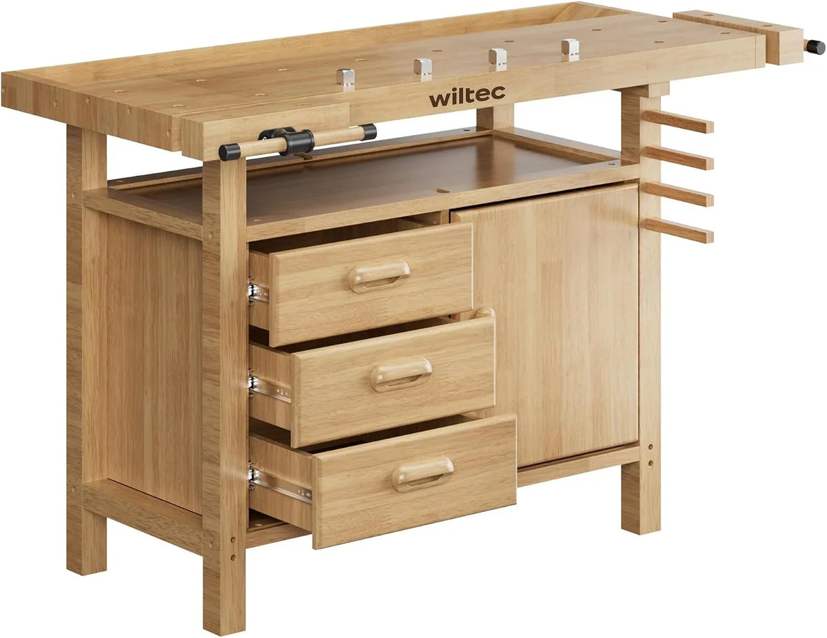 Wiltec Banco de Trabajo de Madera 126x50x84 cm para carpintería con Pinzas de sujeción y cajones