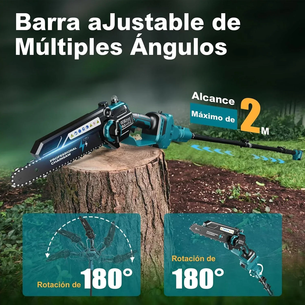 2-en-1 8 Pulgadas Mini Motosierra y Motosierra de Pértiga Inalámbrica con 2 Baterías de 4000mAh, Motosierra sin Escobillas con Telescópicas para Exterior, Extensible hasta 4M