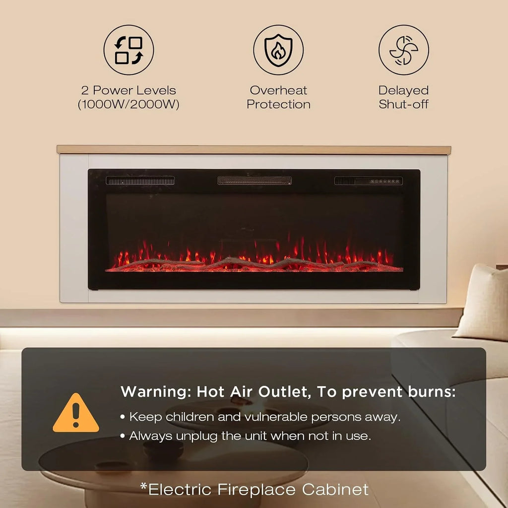 HOMAVO 50" Electric Fireplace with Heating, 1000W/2000W Decorative Fireplace, 12 Colors of 3D Flame, 12 Colors of Wood Fireplace, Remote Control & App, Includes Fireplace Furniture