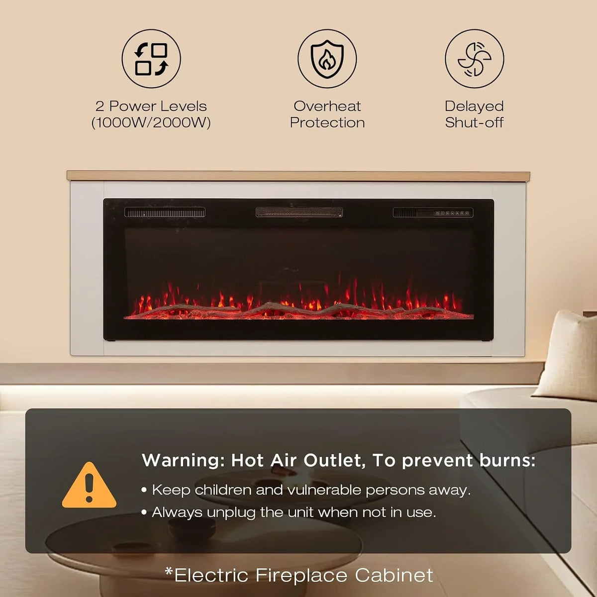 HOMAVO 50" Electric Fireplace with Heating, 1000W/2000W Decorative Fireplace, 12 Colors of 3D Flame, 12 Colors of Wood Fireplace, Remote Control & App, Includes Fireplace Furniture
