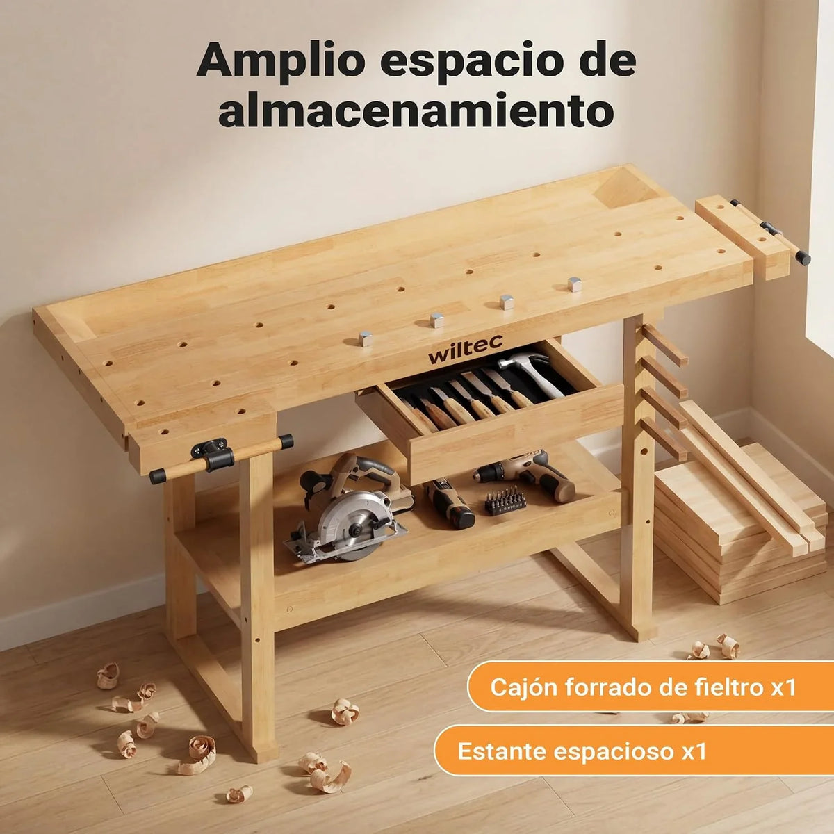 Wiltec Banco de Carpintero 151 x 61,5 x 86 cm Mesa de Trabajo de Madera 150 kg con cajón, Estante y Pinzas de sujeción, Ideal para Trabajos de carpintería, Bricolaje y Taller
