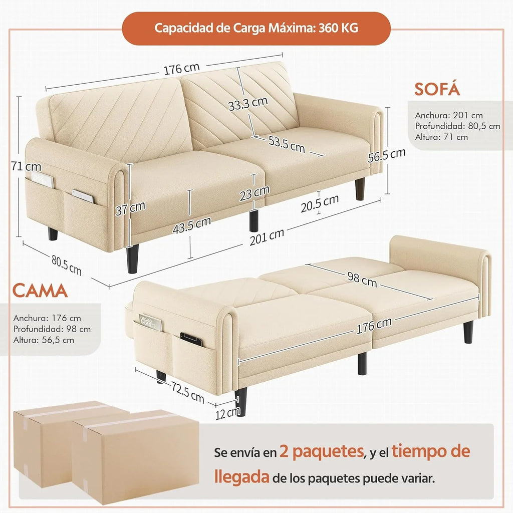 Yaheetech Sofa Bed 2 Seater Backrest 3 Level Adjustment Beige