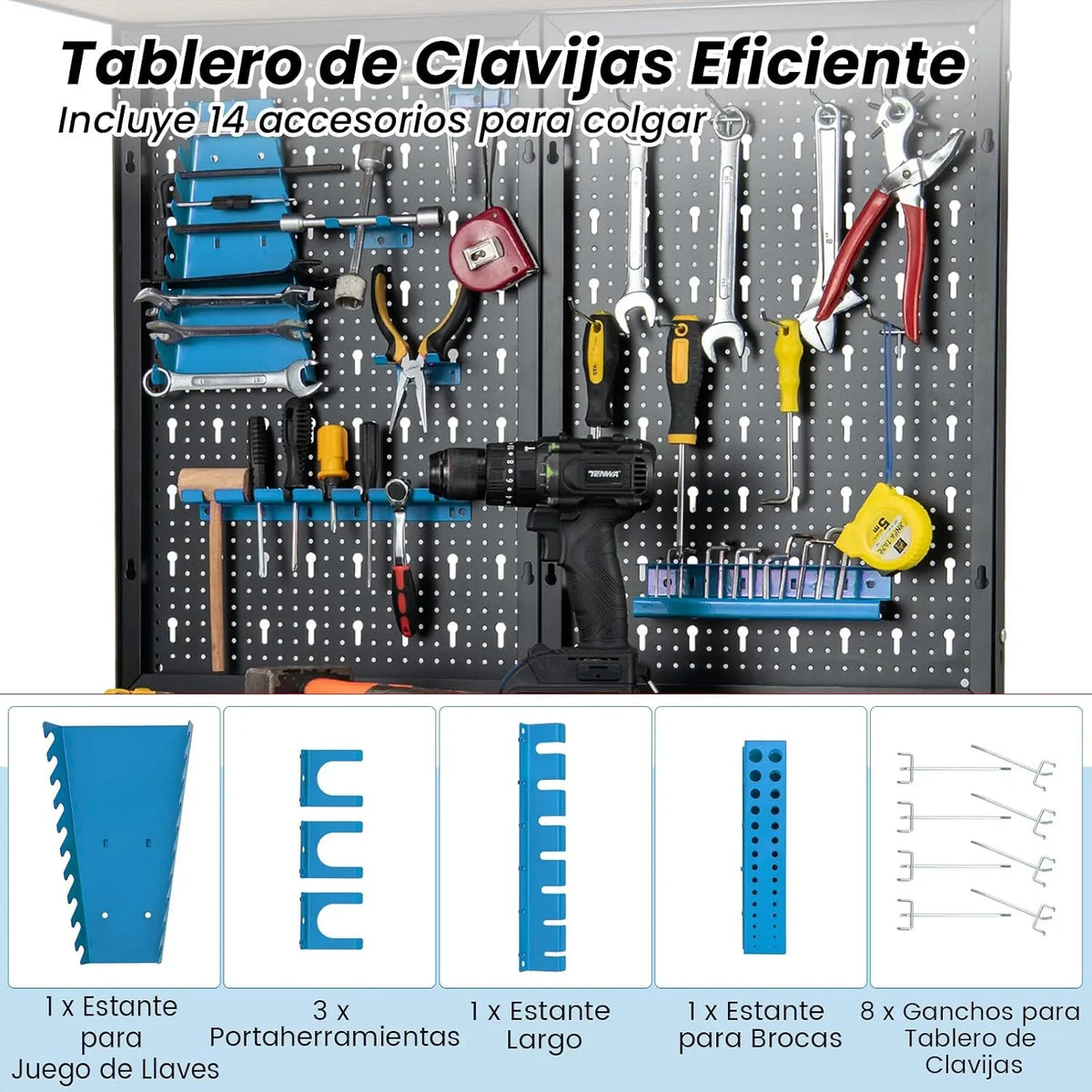 GOPLUS Banco de Trabajo Taller, Mesa de Herramientas Carga 100 kg, 81x41x155cm, con Tablero Perforado Metal, Estante Abierto, 14 Accesorios para Colgar (Azul+Negro)