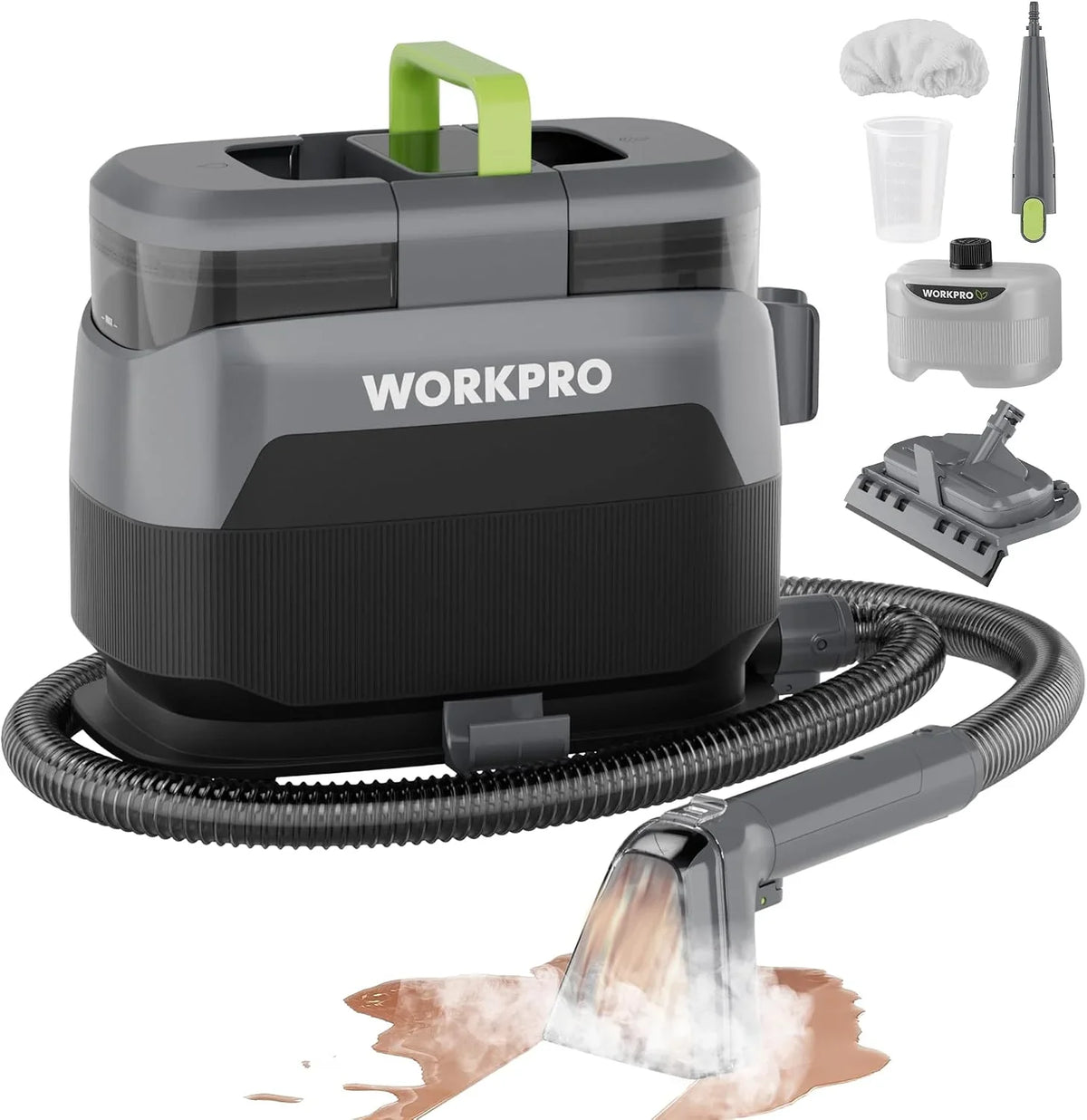 WORKPRO Limpiador de Tapicerías y Alfombras a Vapor con Aspirador 4 en 1, Potente Succión 16 kPa, Accesorios para Suciedad de Mascotas, Sofás, Colchones, Cortinas, Asientos de Coche