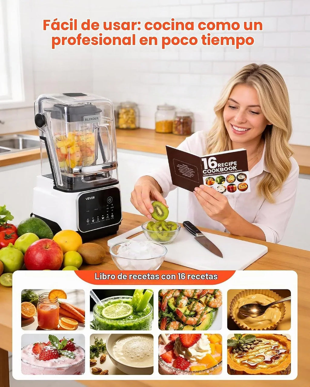 VEVOR Batidora de Vaso con Jarra de 2 L, Licuadora Profesional con Protector, 2200 W, 26000 RPM, Velocidad Ajustable, 6 Programas Preestablecidos para Batidos, Trituración de Hielo, Purés, Blanco