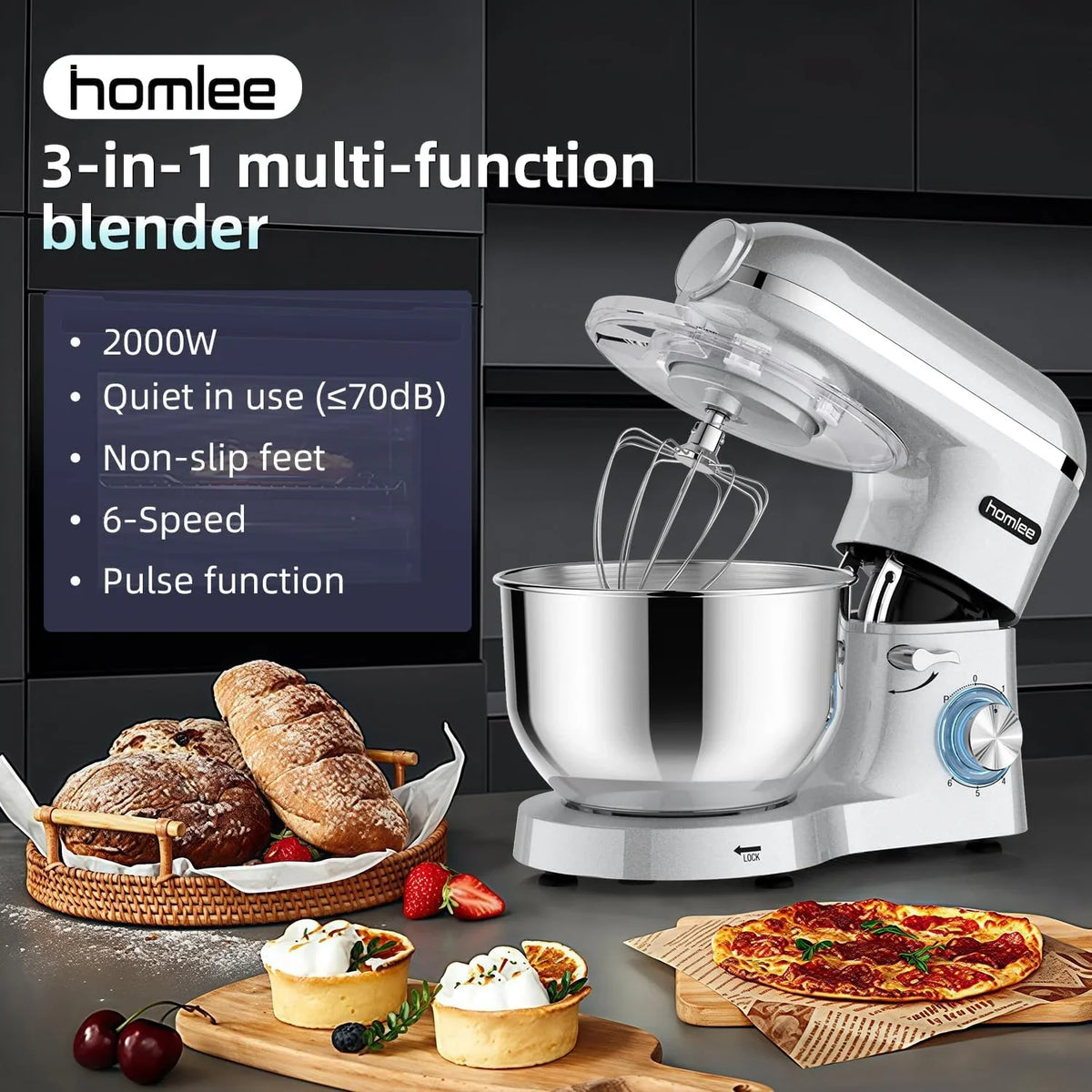 Homlee 3 In 1 Robot De Cocina con Picadora De Carne y Batidora,2000W Amasadora Multifunción, 5.5L Cuenco De Acero Inoxidable,1.5L Exprimidor De zumo, 6 Niveles De Velocidad
