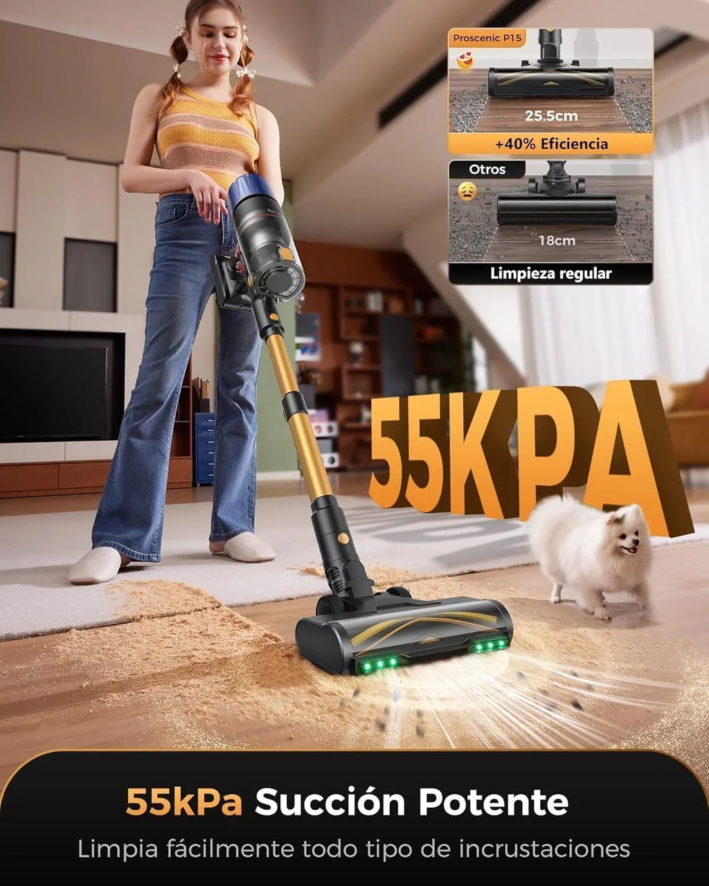 Proscenic Aspiradora sin Cable 55 kPa/650W/70 Min, Autoportante