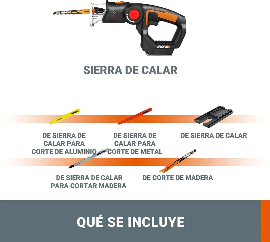 WORX WX550.9 Sierra Calar y Sable Axis 2 en 1 20V Sin Batería, Cambio Rápido de Hoja, Movimiento Pendular, Soplador, Doble Encendido, LED