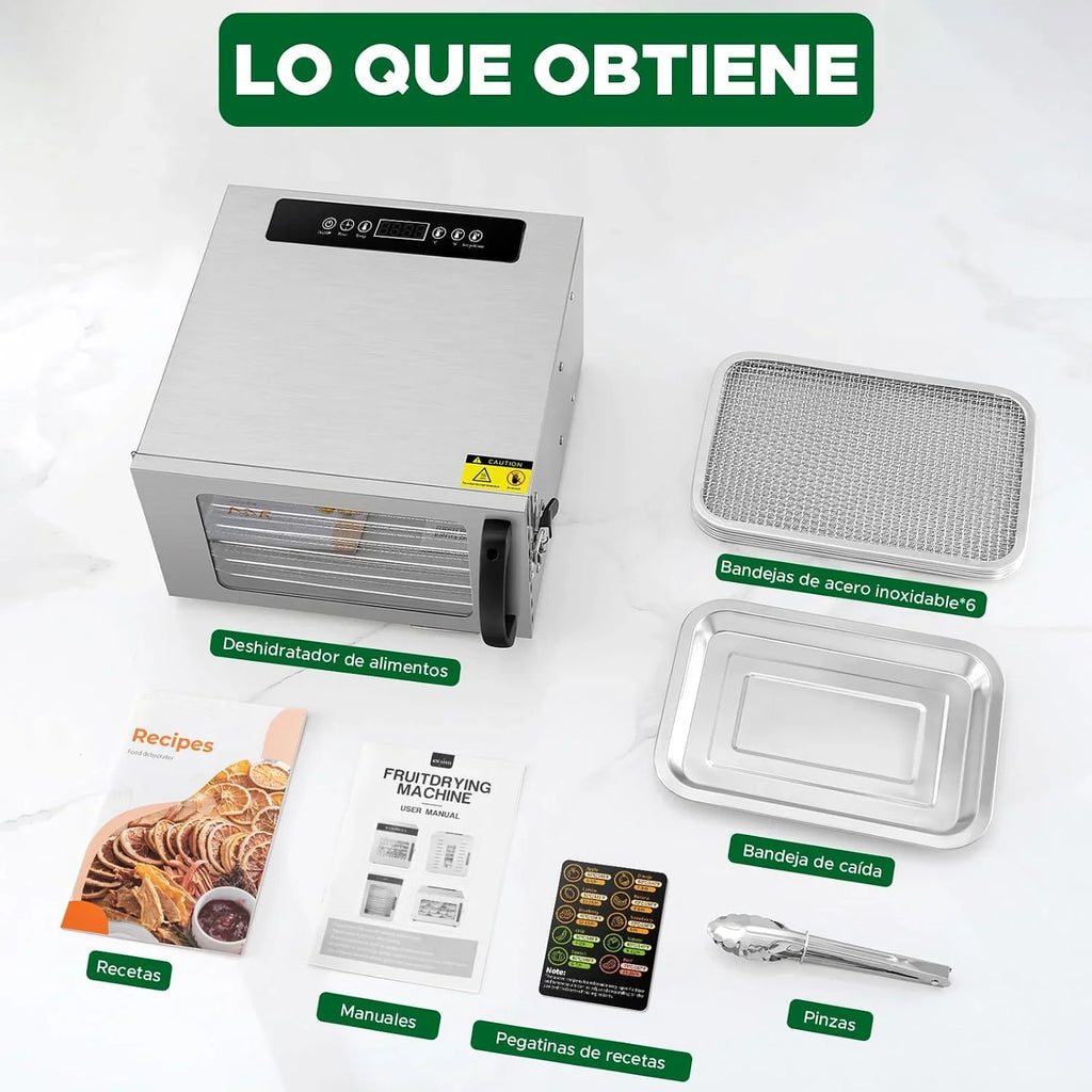 Kwasyo Deshidratador de Alimentos con 6 Bandejas Acero Inoxidable, Temporizador de 24 Horas, Temperatura Regulable 30~90℃, Pantalla LCD, 400W Deshidratador Alimentos de Frutas y Verduras, Libre BPA