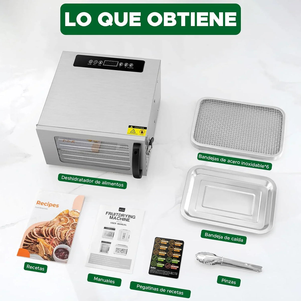 Kwasyo Deshidratador de Alimentos con 6 Bandejas Acero Inoxidable, Temporizador de 24 Horas, Temperatura Regulable 30~90℃, Pantalla LCD, 400W Deshidratador Alimentos de Frutas y Verduras, Libre BPA