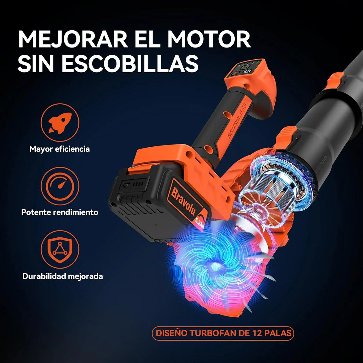 Soplador de Hojas, Bravolu Soplador con 2 Baterías de 5200 mAh y Cargador, Potente Motor sin escobillas, Velocidad del Aire MAX 305 km/h, 5 Velocidades Soplador de Hojas Eléctrico con Modo Turbo