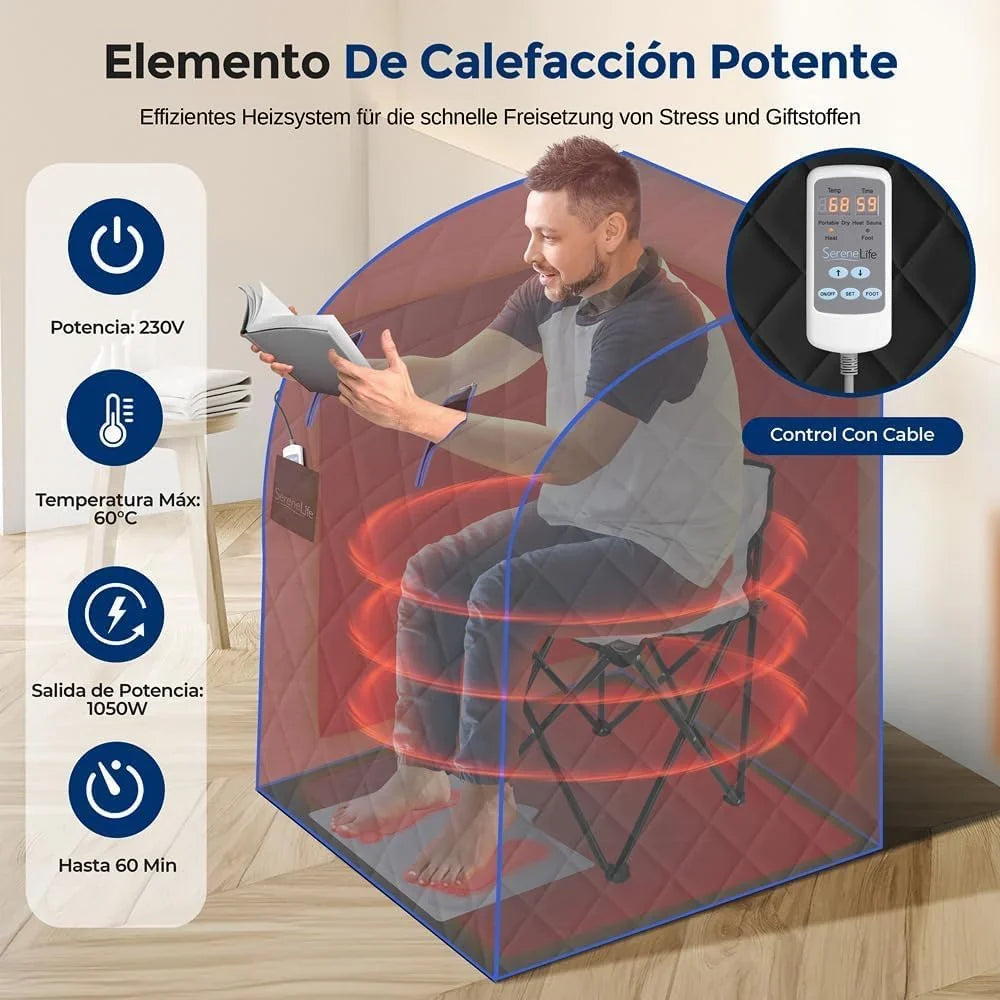 SereneLife SPA portátil infrarrojo para el hogar, Gran tamaño, Sauna para una Persona, Completo, con Almohadilla calefactora para los pies, Silla plegable