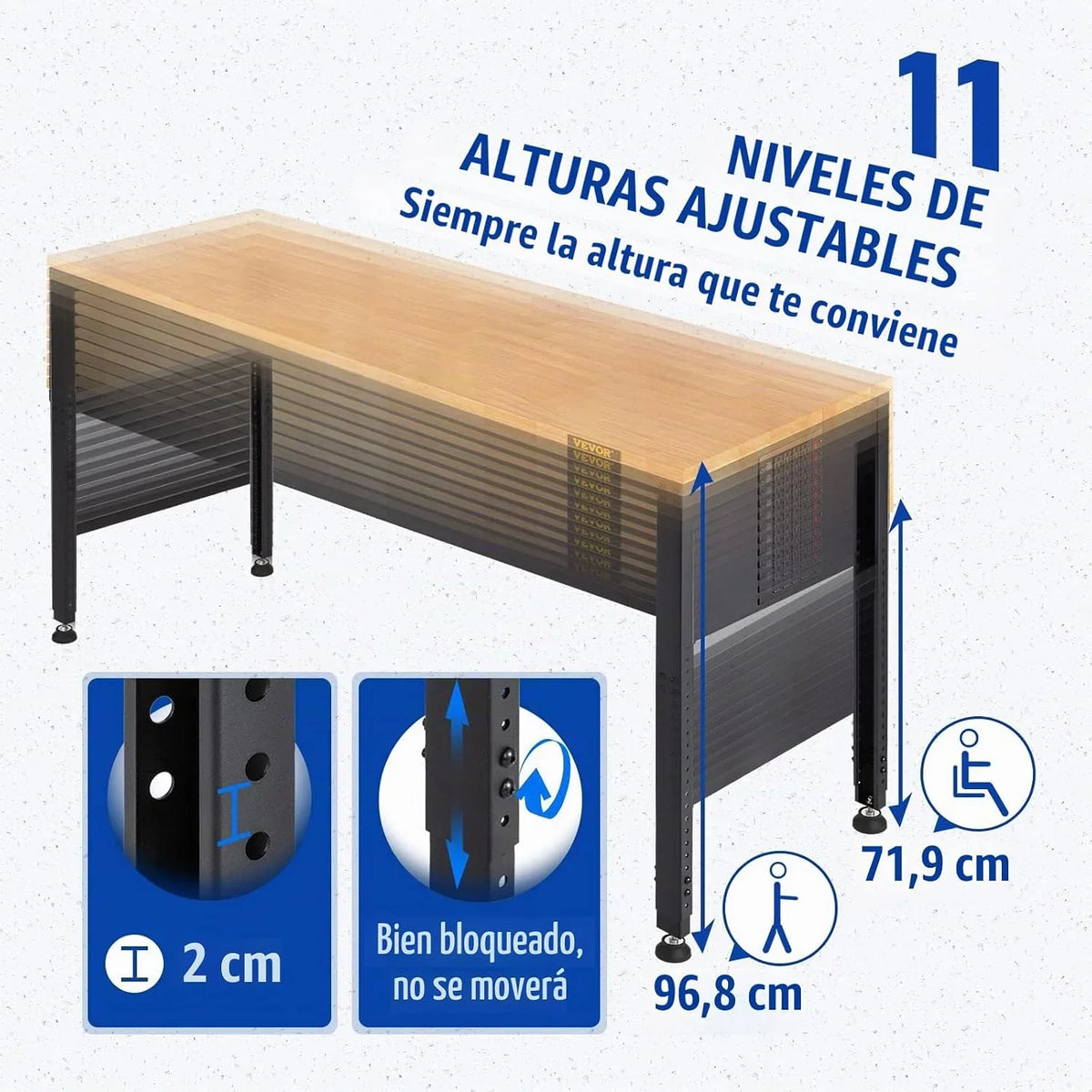 VEVOR Banco de Trabajo 1220x508 mm Mesa de Taller Altura Ajustable 719-968 mm Carga de 900kg con Toma de Corriente Mesa de Madera Marco de Metal Almohadillas para los Pies para Oficina, Garaje