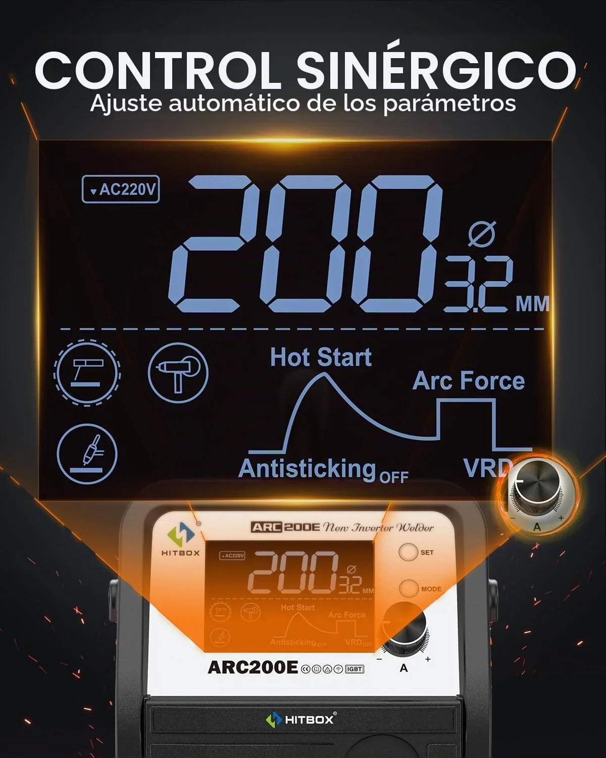 HITBOX Soldador Inverter 200A MMA LiftTIG IGBT 230V TFT‑LCD
