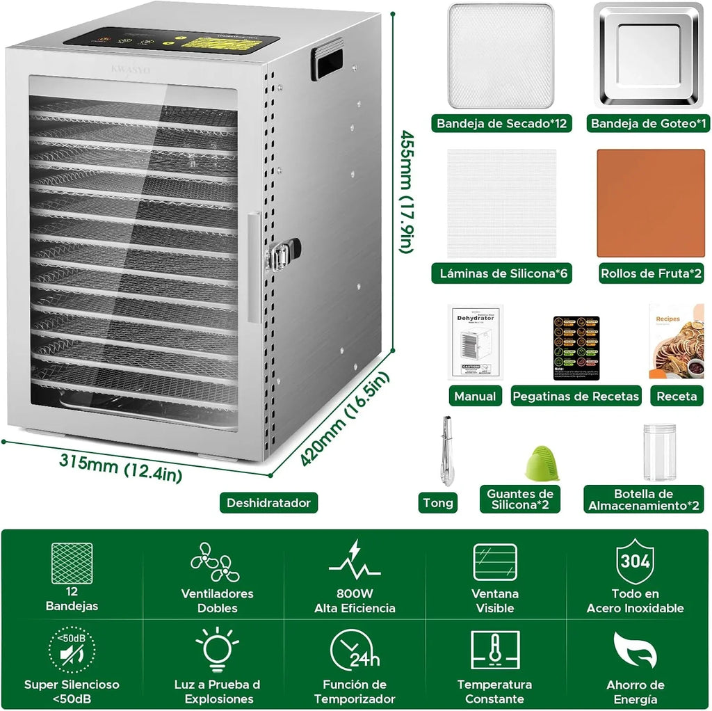Kwasyo Deshidratador de Alimentos de Acero Inoxidable con 12 Bandejas, Secado eficiente de 360° con doble ventilador, Temporizador 24 horas, Temperatura: 30 a 90℃, deshidrata fruta, carne, verduras