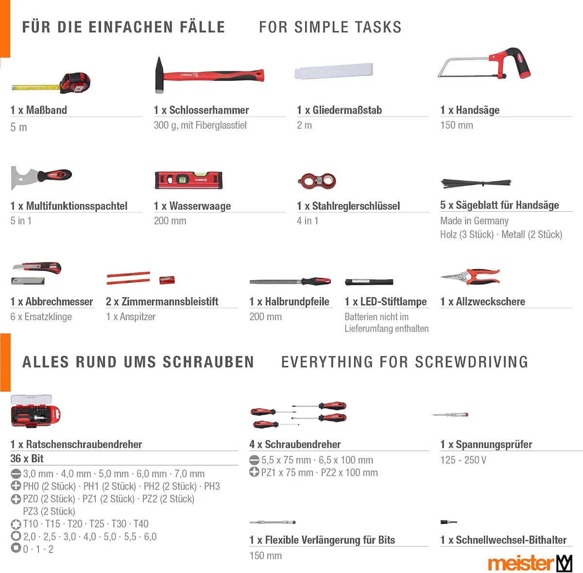 Meister 8971470 - Maletín de herramientas de aluminio (131 piezas, para el hogar, garaje y taller, relleno profesional, caja de herramientas, caja de herramientas, incluye herramientas)