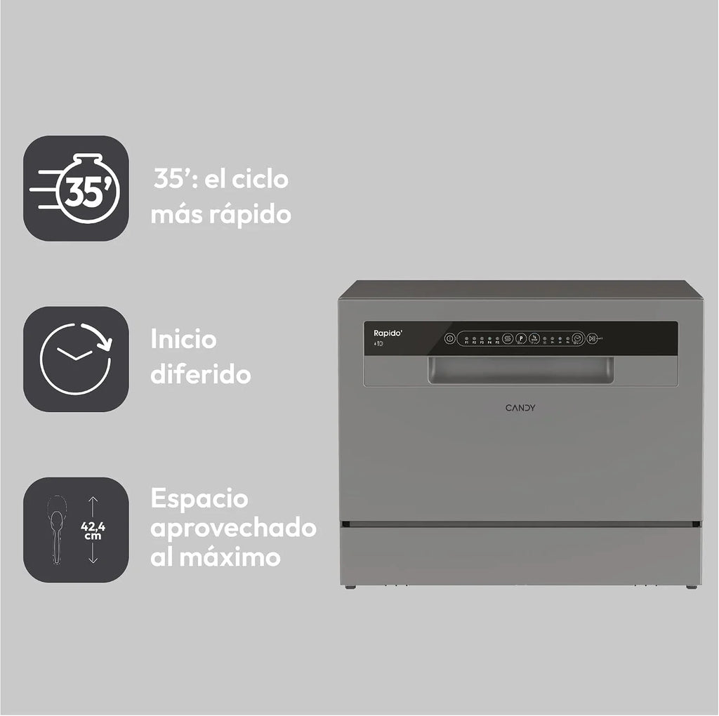 Candy CP 6E51LS Lavavajillas Pequeño y Compacto, 6 Servicios, Digital, 51DBA, 5 Ciclos, Media Carga, Inicio Diferido 3-6-9 horas, Indicador Sal y Abrillantador, Indicador Fin de Ciclo, Inox