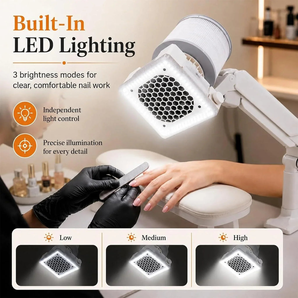 Aspirador Profesional De Polvo para Uñas con Luz LED, Extractor De 60 W De Alta Resistencia, Abrazadera Universal para Mesa, Potente Succión Y Filtro Reutilizable para Salón