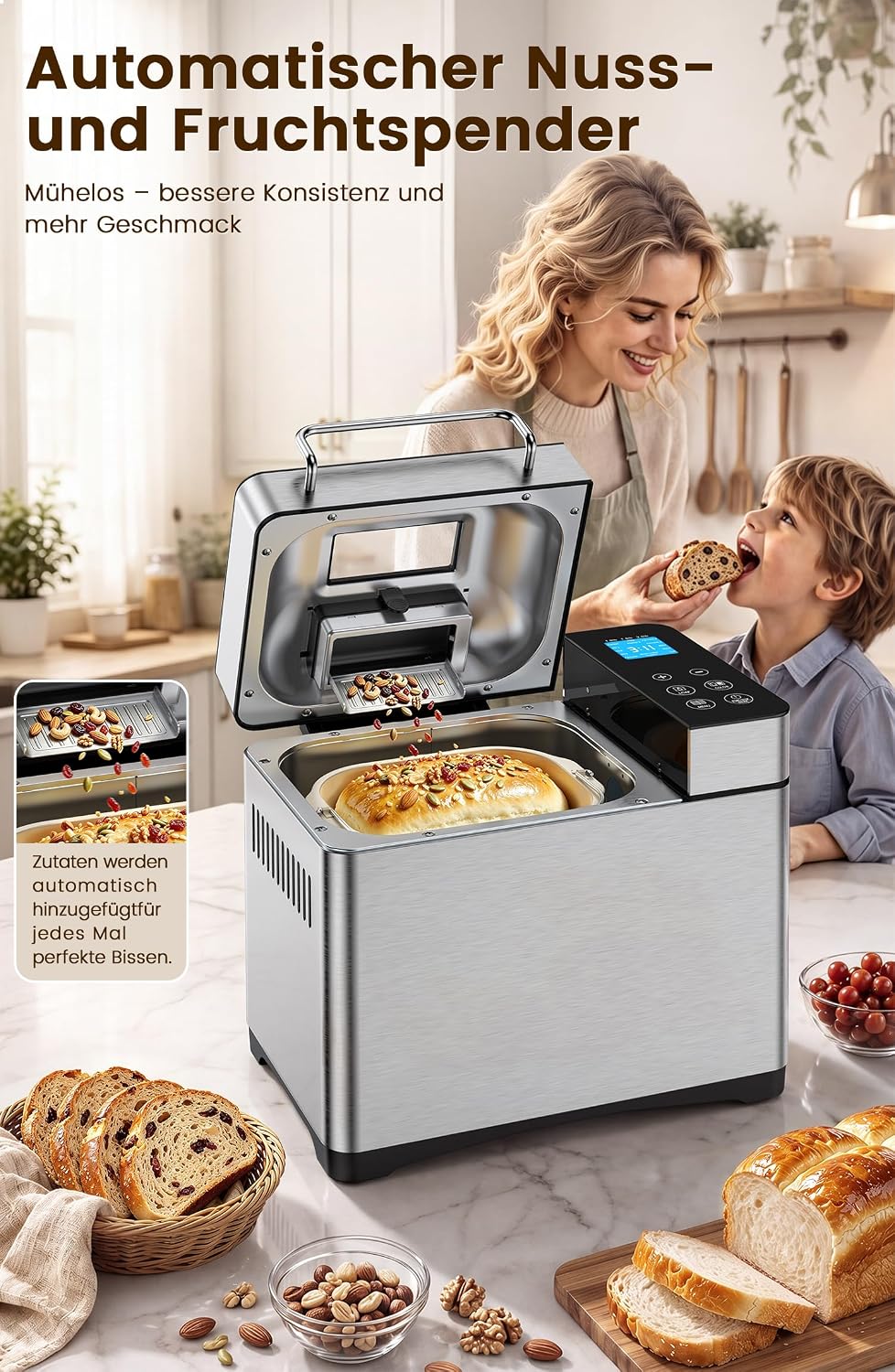 Panificadora de acero inoxidable 2LB 17 en 1 con recipiente para frutas y frutos, molde de cerámica antiadherente y panel táctil digital, 3 tamaños, 3 colores, set de reserva y mantenimiento