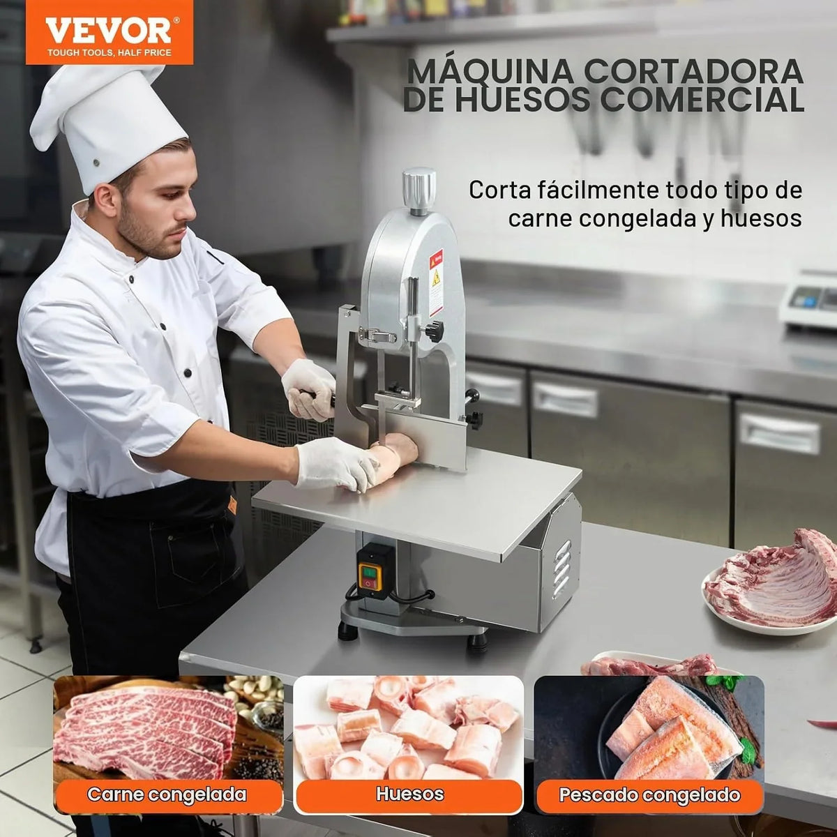 VEVOR Sierra de Cinta Eléctrica Comercial para Carne y Huesos de Acero Inoxidable de 1800 W para Encimera, Grosor Máximo de Corte 180 mm, con 5 Cuchillas para Costillas Cerdo y Res, 515 x 490 x 860 mm