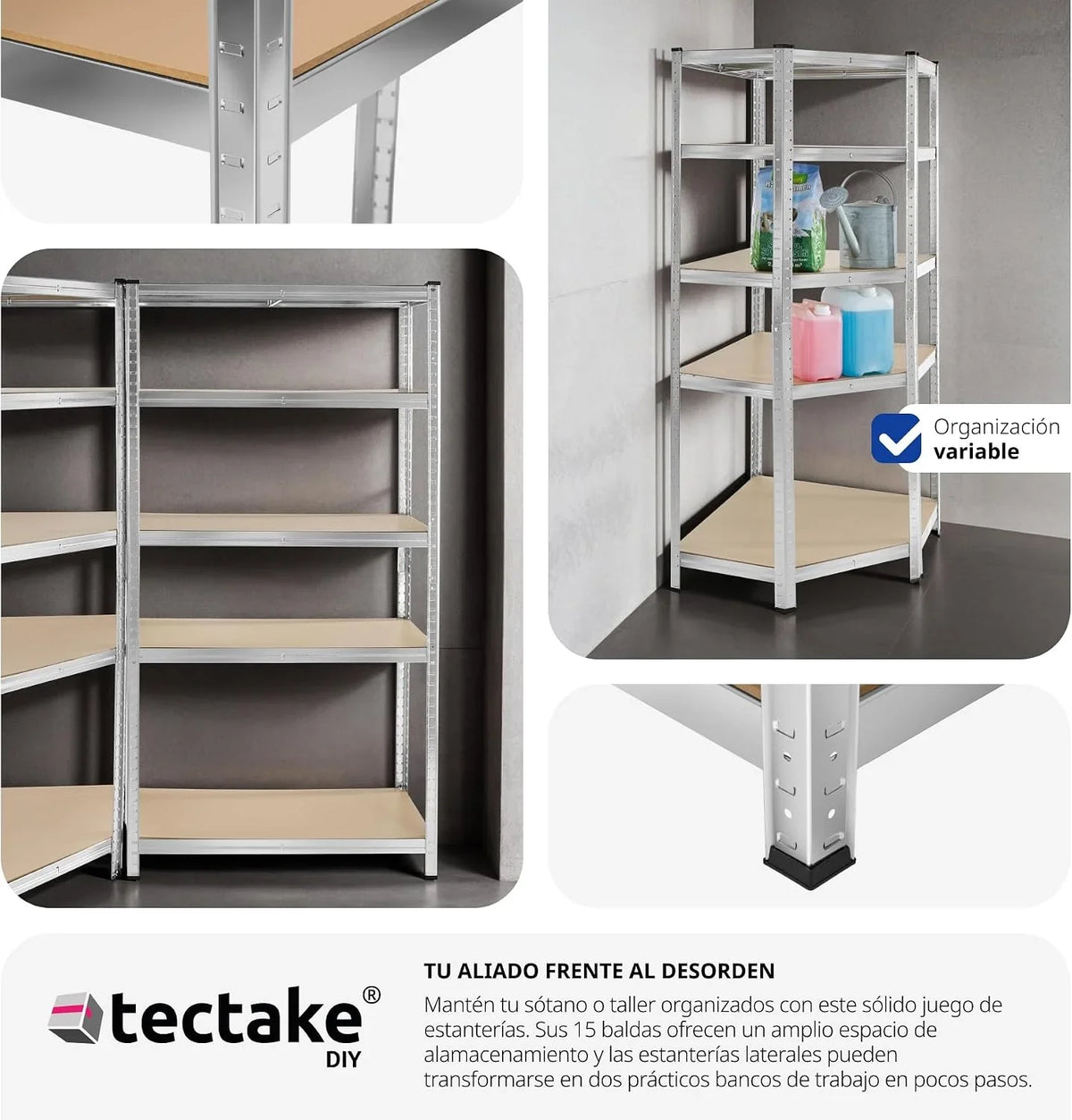 tectake® Estantería para Cargas Pesadas, 3 Partes, 15 Estantes, Estructura de Acero Galvanizado, Capacidad de Carga 2625 kg, Ajustable en Altura, Convertible en Bancos de Trabajo, Bordes Redondeados