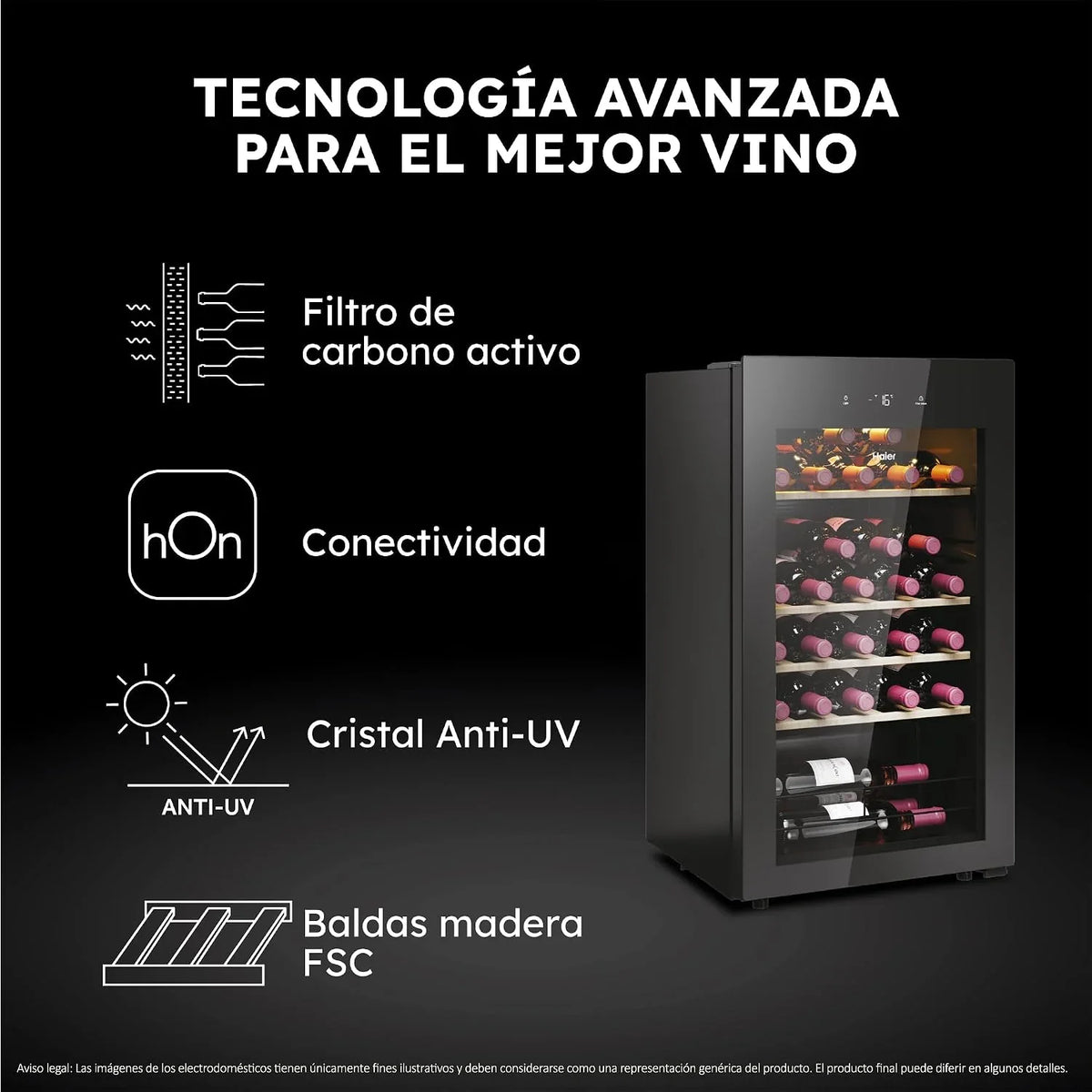 Haier Wine Bank 50 Series 3 HWS34GGH1 - Vinoteca 34 botellas, WIFI, Estantes de madera, Cristal Anti-UV, Filtro de carbón, Display Digital, Iluminación LED, Silenciosa 37 dbA, Negra