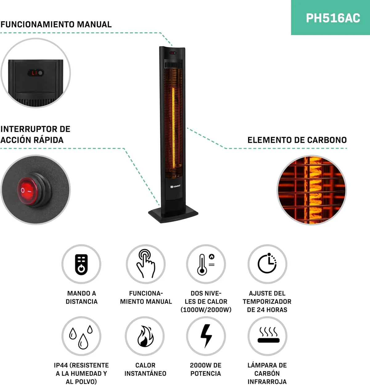 VONROC Filicudi Patio Heater 2000W with Carbon Infrared