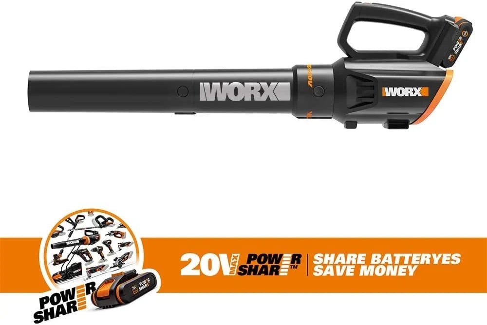WORX 18V (20V MAX) Soplador de Hojas a Batería WG547E, 1 batería de 2.0Ah, PowerShare, 2 Velocidades, Velocidad de Soplado 120km/h, Tecnología de Turbina, Cargador Rápido de 1 Hora
