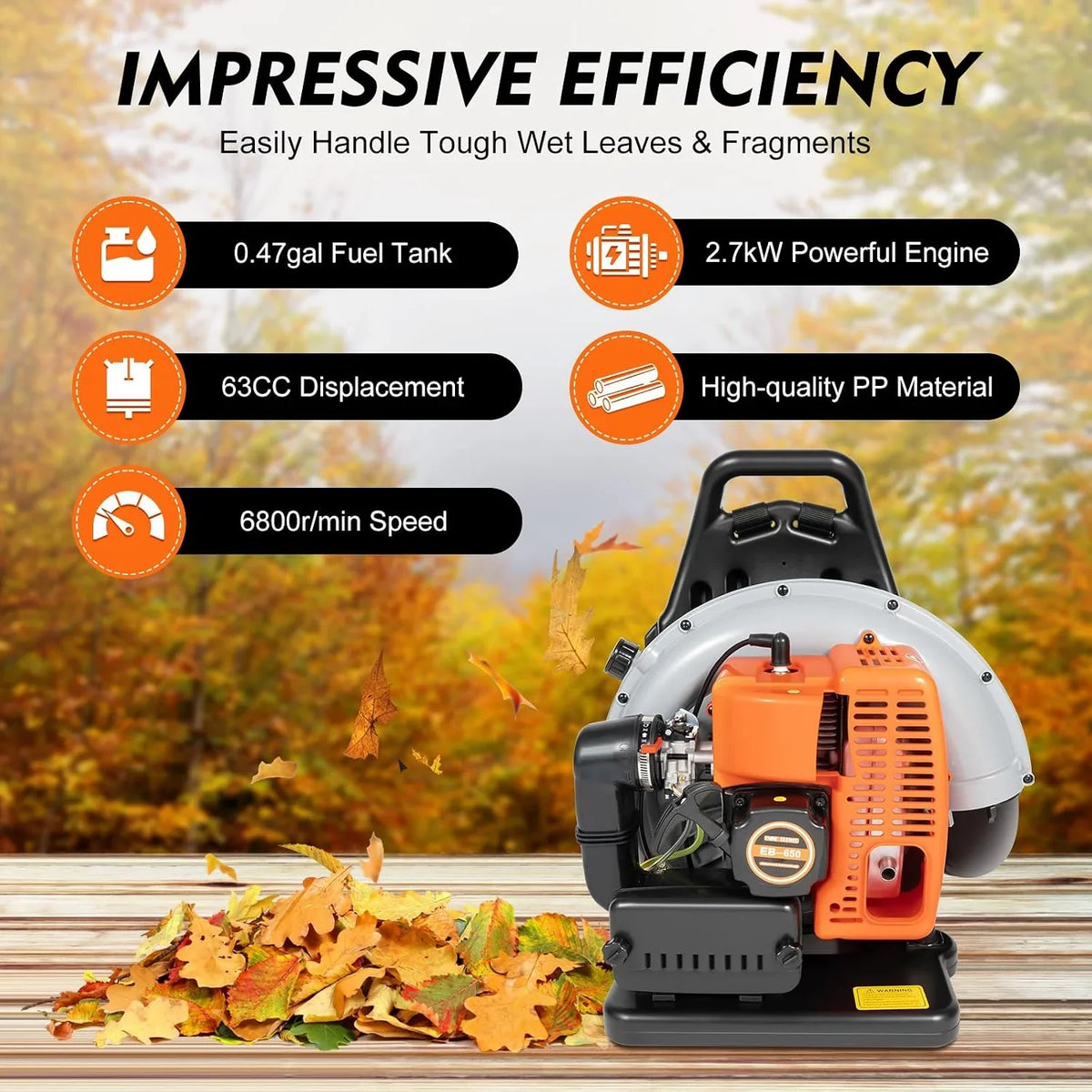 Soplador de Hojas Gasolina Naranja 63cc 2,7kW Deposito 1,8L Limpieza