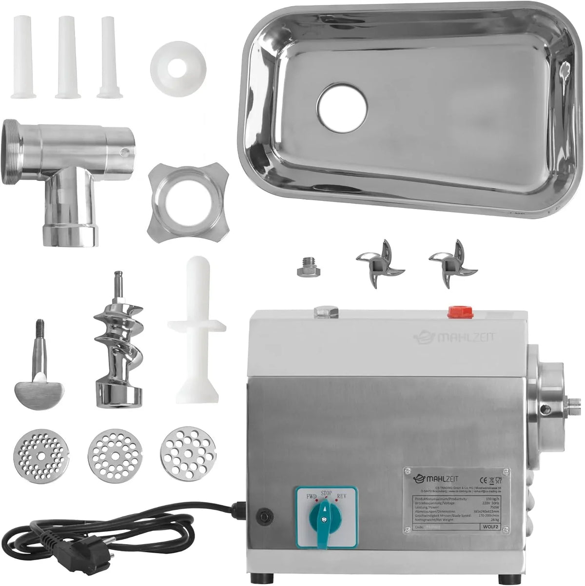 Mahlzeit Picadora Eléctrica de Carne Profesional de Acero Inoxidable | 750 W - 150 kg/h | Máquina para Embutir para Gastronomía | Embutidora | Máquina para Rellenar Salchichas, Picadora