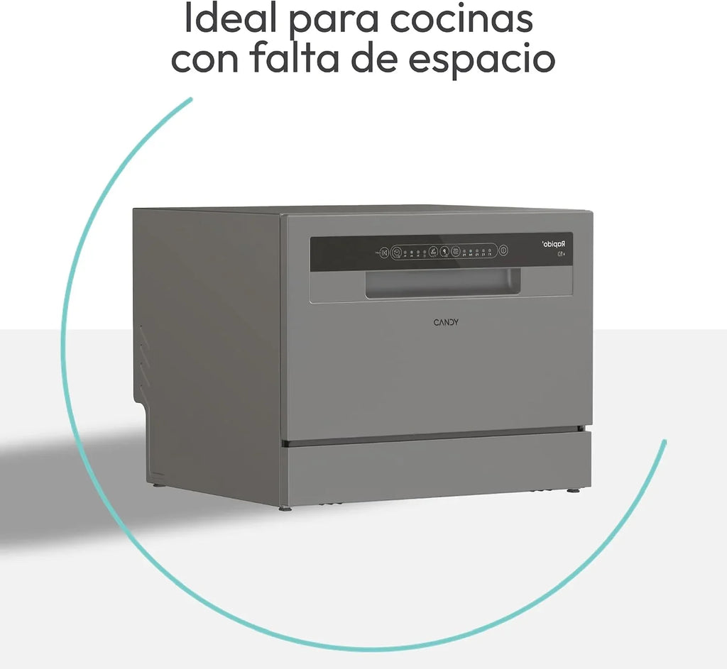 Candy CP 6E51LS Lavavajillas Pequeño y Compacto, 6 Servicios, Digital, 51DBA, 5 Ciclos, Media Carga, Inicio Diferido 3-6-9 horas, Indicador Sal y Abrillantador, Indicador Fin de Ciclo, Inox