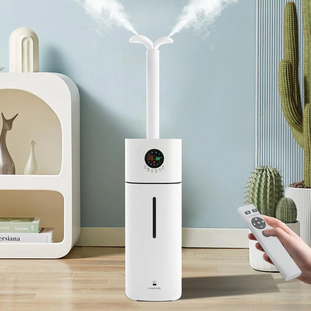 Humidificador para habitaciones grandes, relleno superior de 16 litros, pantalla LED ultrasónica, temporizador de 1-12 horas, humedad ajustable, superficie utilizable 30-100 m², blanco
