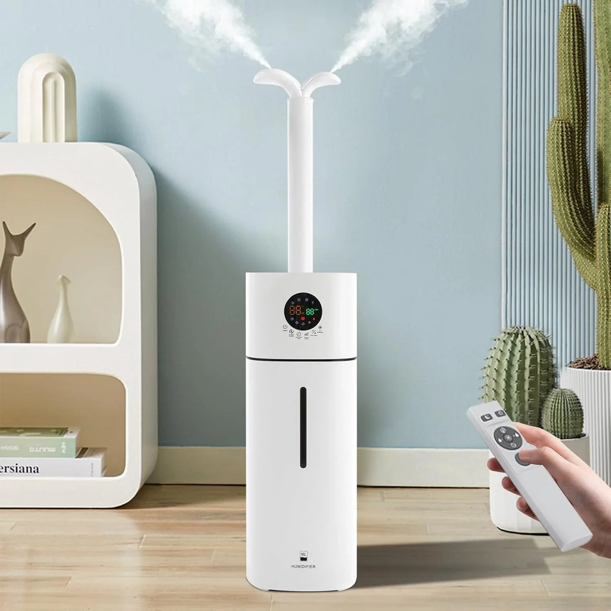 Humidificador para habitaciones grandes, relleno superior de 16 litros, pantalla LED ultrasónica, temporizador de 1-12 horas, humedad ajustable, superficie utilizable 30-100 m², blanco