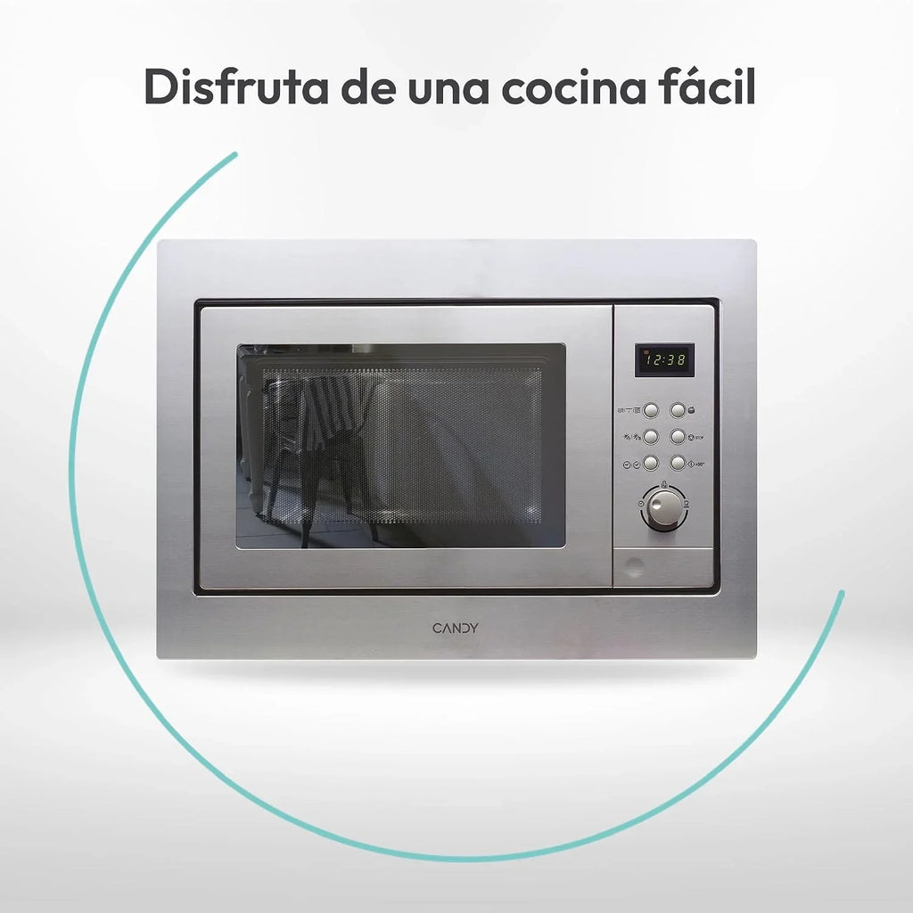 Candy MIC201EX, Microondas integrable con grill, 20L, Digital, Con marco, 8 programas automáticos, Plato giratorio 24,5cm, Descongelación tiempo y peso, 800W/1000W, Acero inoxidable antihuellas
