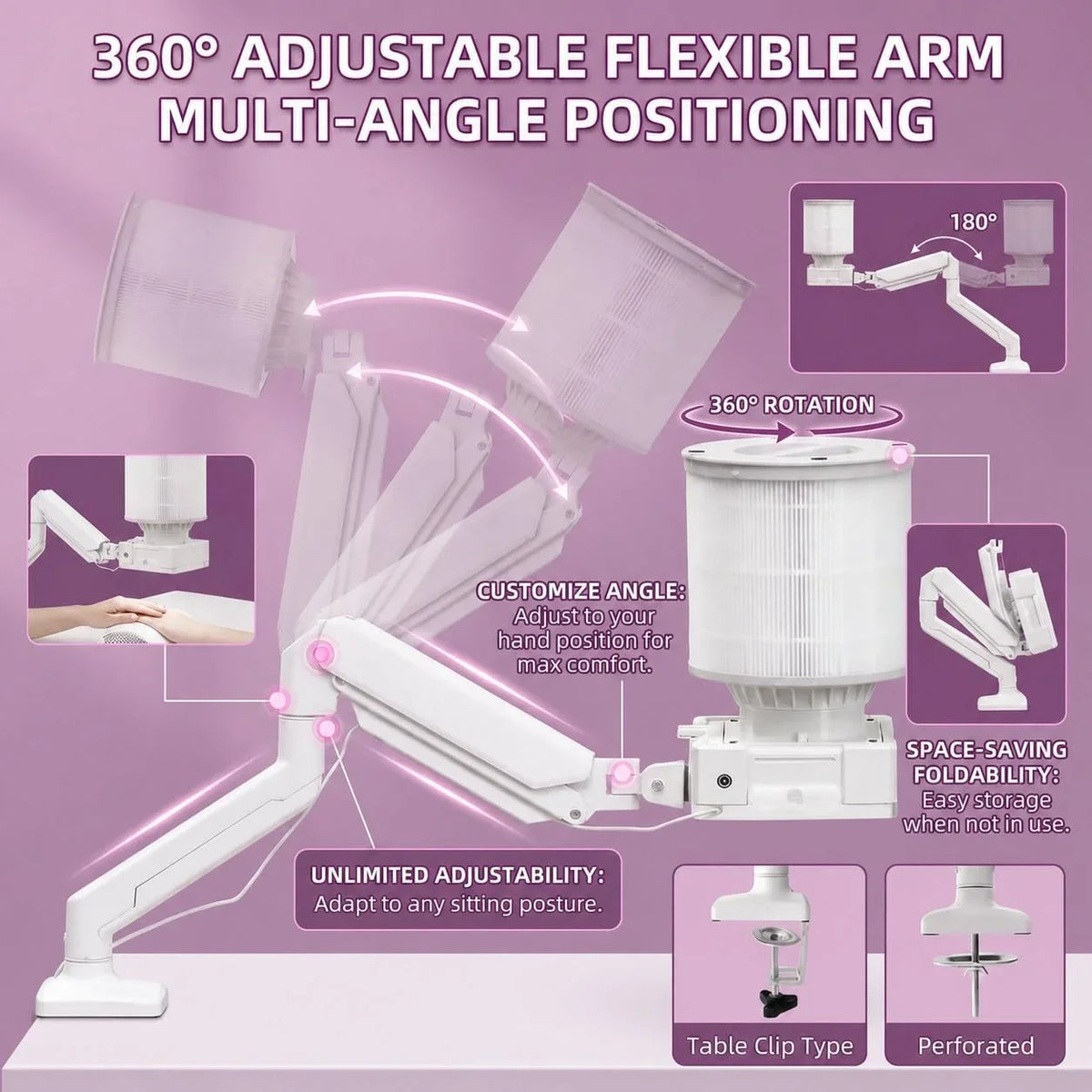 Colector De Polvo Profesional, Colector De Polvo Al VacíO Con Led, Rejilla Alveolar Y Gran 360° Filtro CilíNdrico, Brazo Orientable Para AcríLico, Gel Y Polvo Fino Dar Forma Retirar Esculpidas