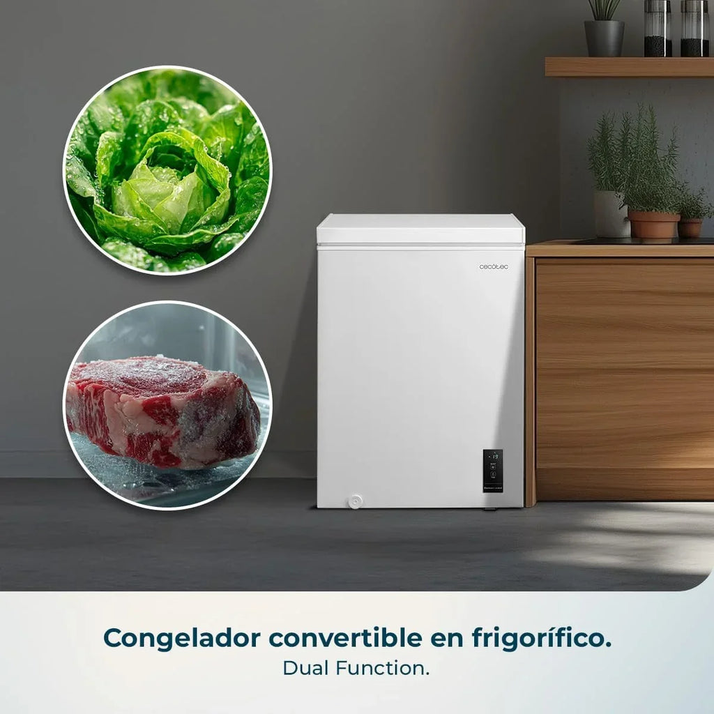 Cecotec Congelador Horizontal 143L Bolero CoolMarket Chest 143P White E. Cesta con Asas, Control Electrónico LED, UltraContact D-Cool, Dual Function, Puerta ZeroG (80º-30º), Fast Freezing, Compacto