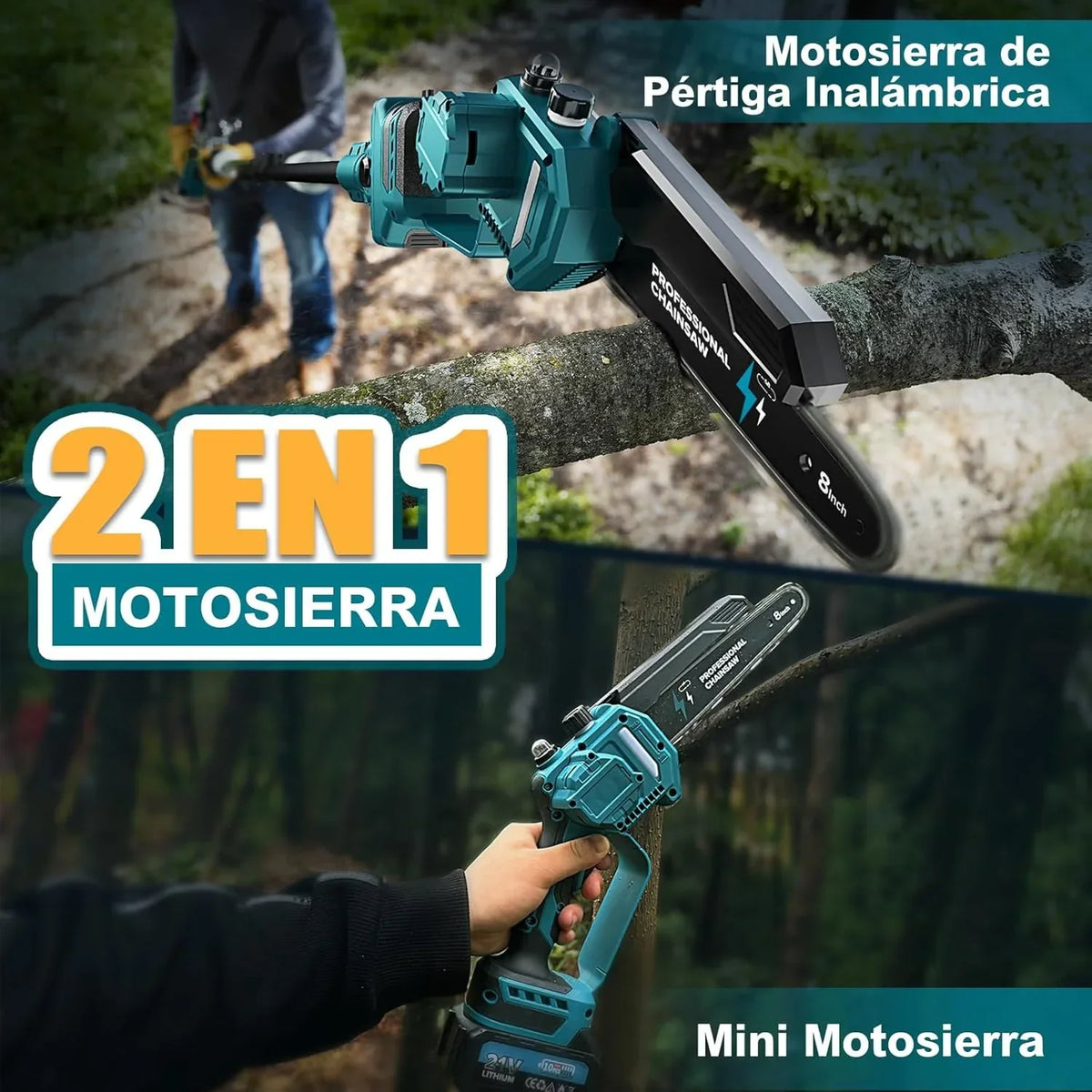 2-en-1 8 Pulgadas Mini Motosierra y Motosierra de Pértiga Inalámbrica con 2 Baterías de 4000mAh, Motosierra sin Escobillas con Telescópicas para Exterior, Extensible hasta 4M