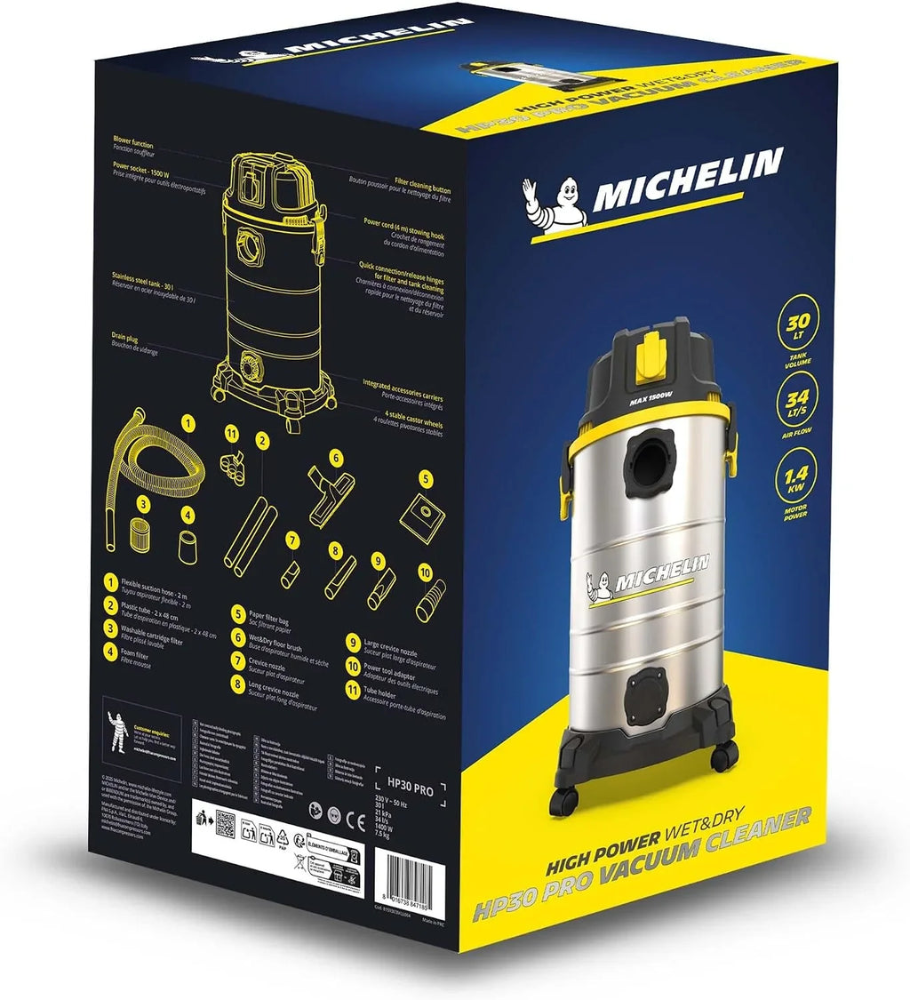 Michelin HP30PRO Aspirador Industrial 30L 1400W - Seco y Húmedo - Depósito INOX - Vibración Mecánica Filtro - Drenaje Líquidos - Cable 4m