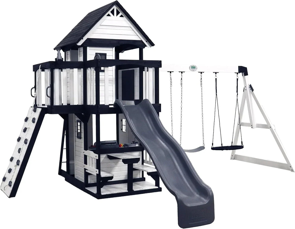 2025 Backyard Discovery Canyon Creek Set de Juego Exterior en Madera de Cedro con Tobogán, Casa en el Árbol, Columpios y Pared de Escalada